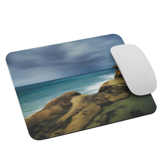 Castlepoint coastal mouse pad with cliffs, ocean and sky. New Zealand landscape art by designer Ben Hart.