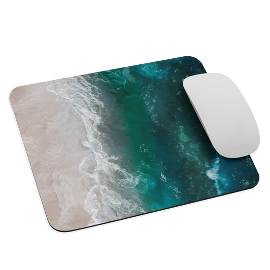 Ocean wave mouse pad with abstract beach design in teal and white, by NZ artist Ben Hart.