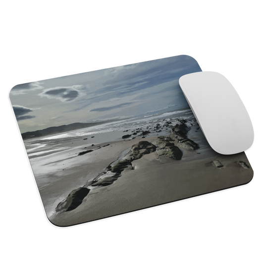Mouse pad with artwork of Riversdale Beach, Masterton – rocks, waves and sky by NZ artist Ben Hart.