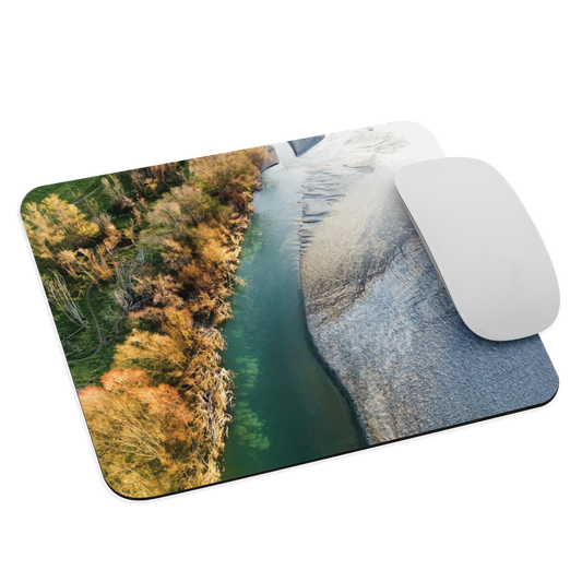 Mouse pad with aerial riverbend artwork and earthy tones, designed by New Zealand artist Ben Hart.