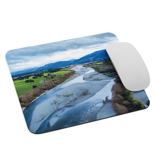 Waiohine mouse pad featuring artwork of New Zealand’s braided riverbed landscape in the Wairarapa.