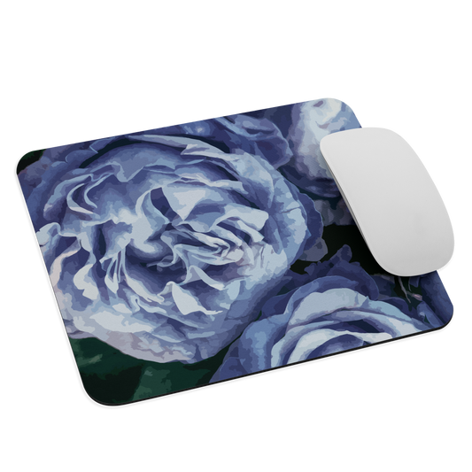 Designer mouse pad with a bold blue rose artwork and glossy finish.