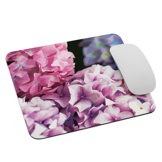 Designer mouse pad with pink and purple hydrangea floral artwork.