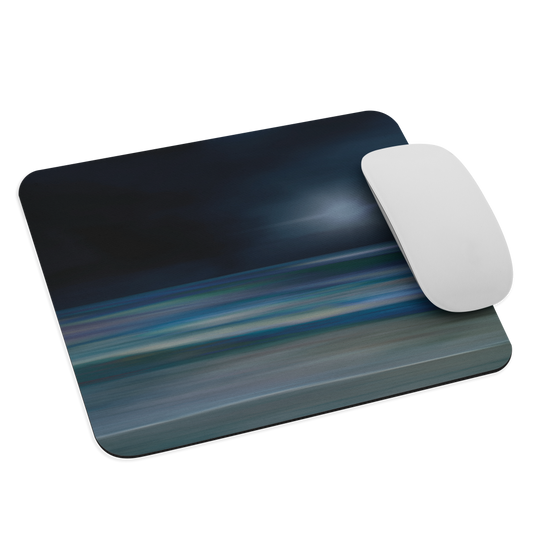 Dark abstract mouse pad with blue and grey streaks and glossy finish.