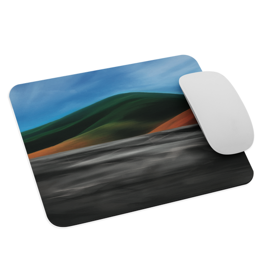 Mouse pad with abstract red, green, and blue heat wave landscape design.