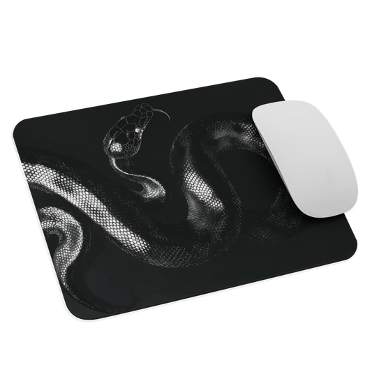 Mouse pad with detailed black python design on dark background.