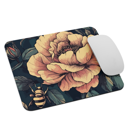 Mouse pad with vintage-style pink roses and bees on dark background, floral New Zealand artwork.