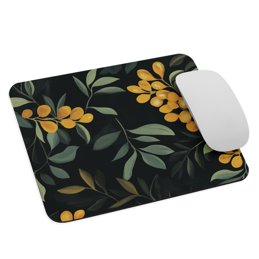 NZ Kowhai mouse pad with native yellow floral and green leaves on black background by designer Ben Hart.