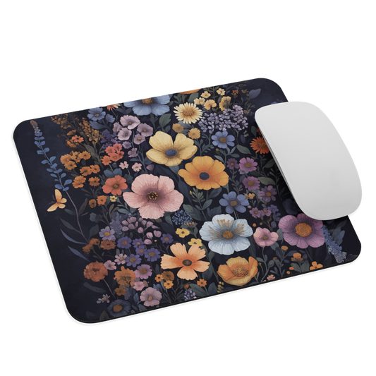 Mouse pad with colourful wildflowers on dark background, floral art design