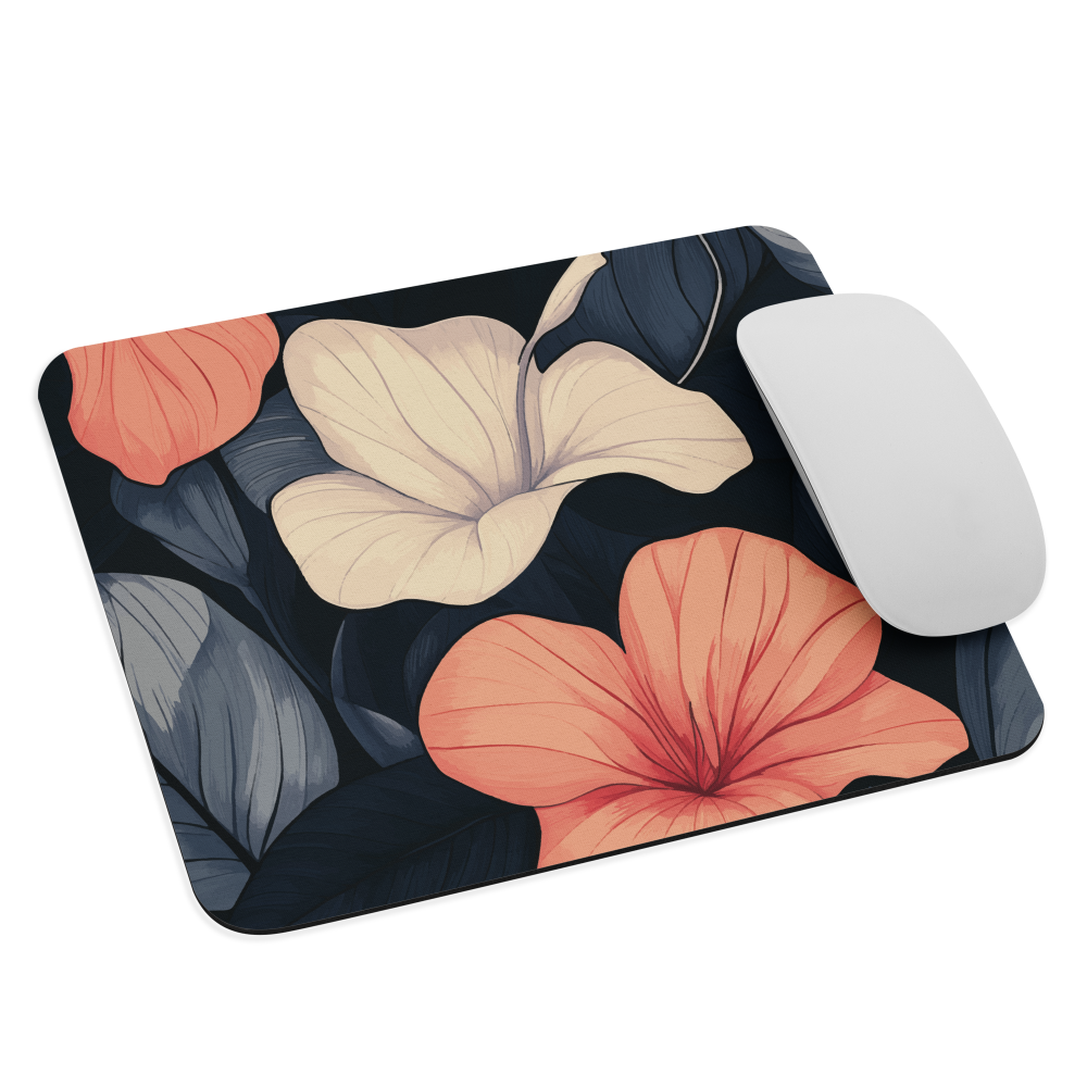 Mouse pad with coral hibiscus flowers and ivory blooms on dark background