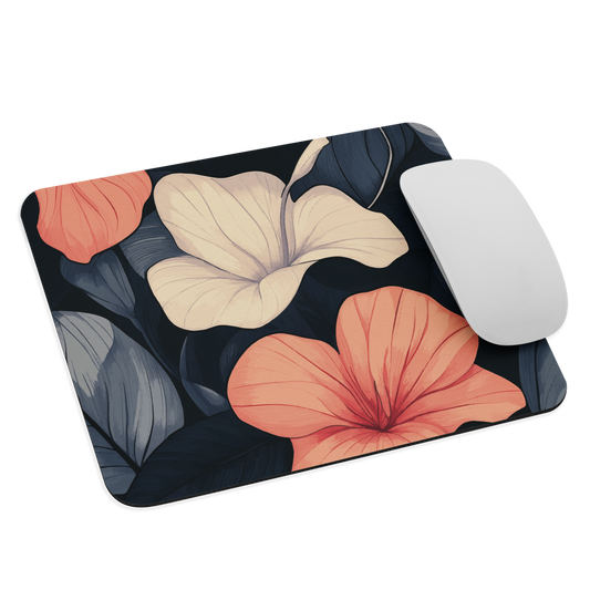 Mouse pad with coral hibiscus flowers and ivory blooms on dark background