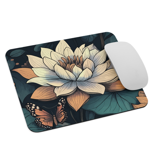 Mouse pad with ivory water lily, green leaves, and butterfly accents on dark background