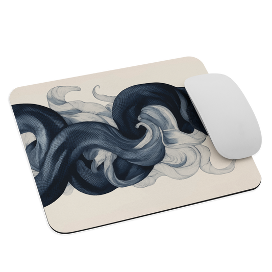 Mouse pad with black python and smoke design on cream background, serpent art by NZ artist Ben Hart.