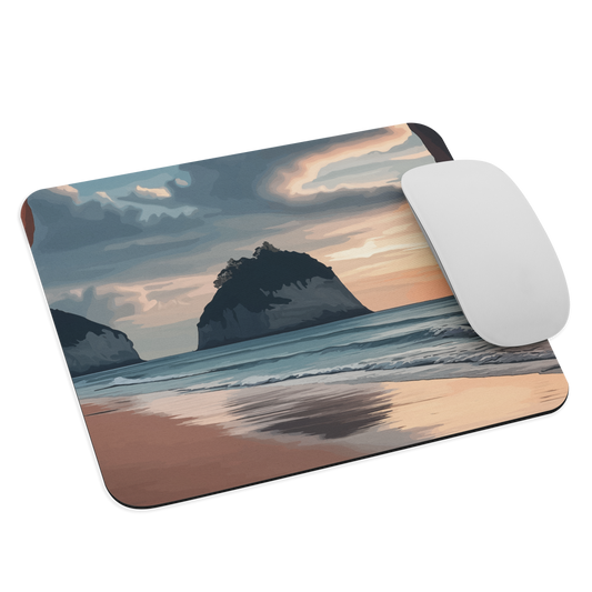 Mouse pad with Cathedral Cove beach and sunset scene, featuring soft skies and sea stack, by NZ artist Ben Hart.