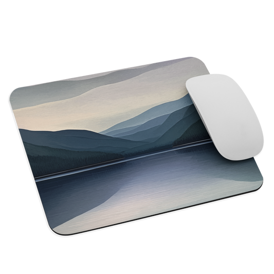 Mouse pad with moody blue and purple layered mountain and lake landscape artwork