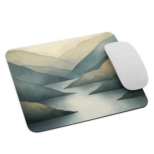 Mouse pad with soft mountain and valley design in misty green, blue, and golden tones
