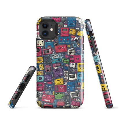 'Arcade' iPhone case, featuring a vibrant collage of hand-drawn controllers in bold, vintage-inspired colours. From electric blue and hot pink to classic black and yellow