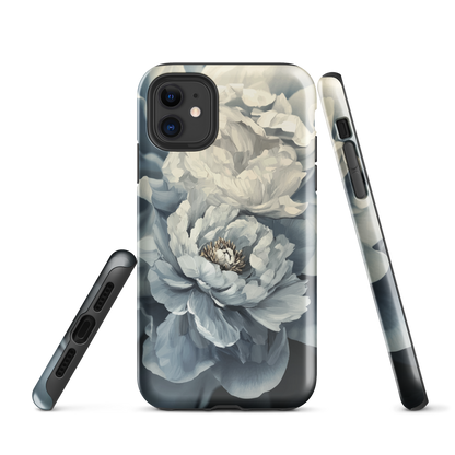 'Whisper' iPhone case features a stunning close-up of softly painted peony blooms in dreamy shades of ivory, grey, and smoky blue.