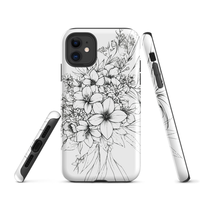 Black and white floral phone case with hand-drawn lilies and wildflowers