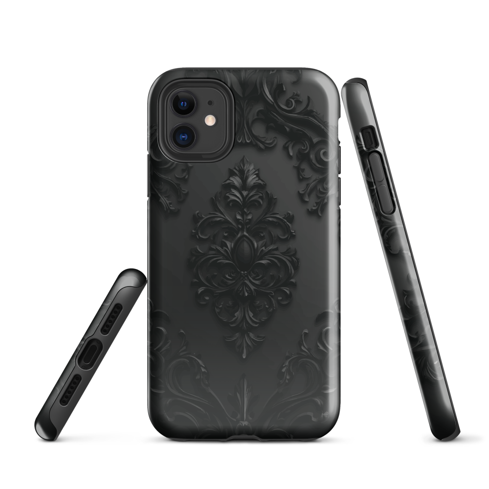 Black embossed damask phone case with gothic baroque pattern.