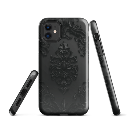 Black embossed damask phone case with gothic baroque pattern.