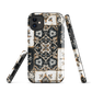 Moroccan tile pattern phone case in black, white, and gold tones with vintage-inspired design.
