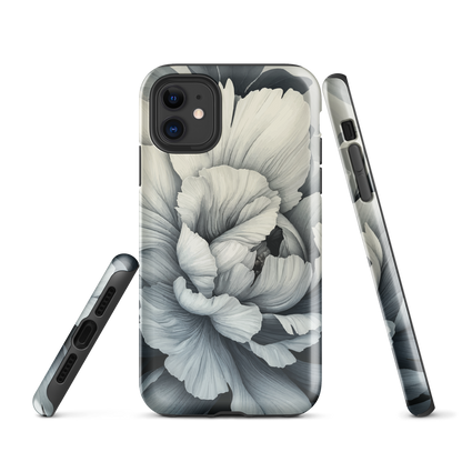 Black and white floral phone case featuring a soft, moody peony design by New Zealand artist Ben Hart.
