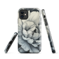 Black and white floral phone case featuring a soft, moody peony design by New Zealand artist Ben Hart.