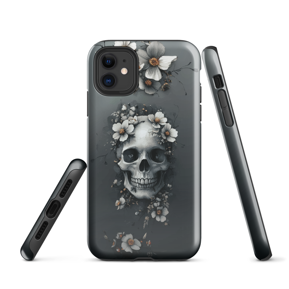 Gothic phone case with a floral skull design in grey tones, featuring white blossoms and dark detailing.
