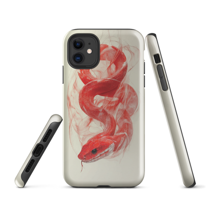 Phone case with red snake design on a cream background, coiled in smoky detail. Bold artwork by NZ designer Ben Hart.