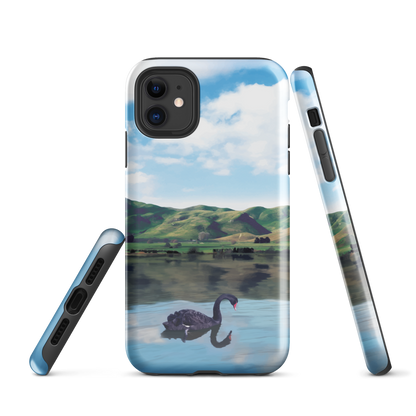 Phone case with a black swan on a calm lake, New Zealand hills in the background. Art by NZ designer Ben Hart.