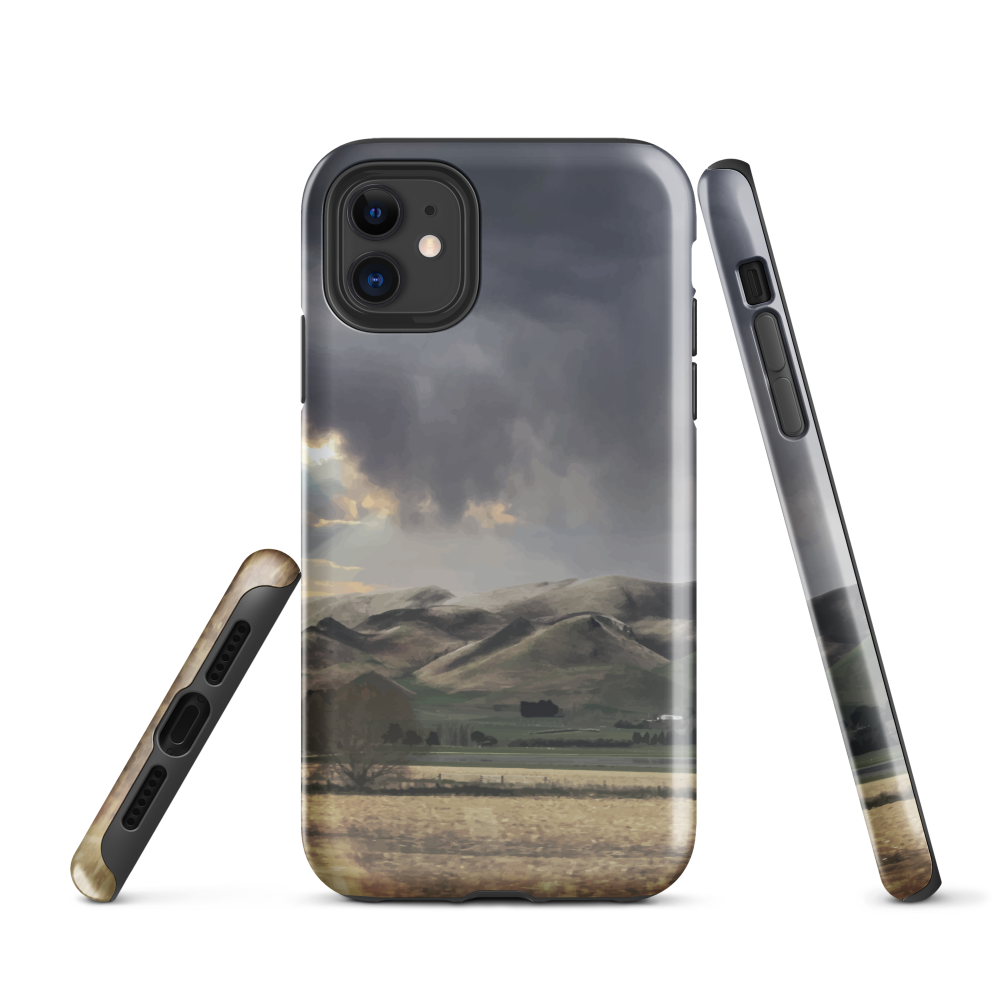 Designer phone case with NZ landscape painting of Te Hauke and cloudy skies by Ben Hart.
