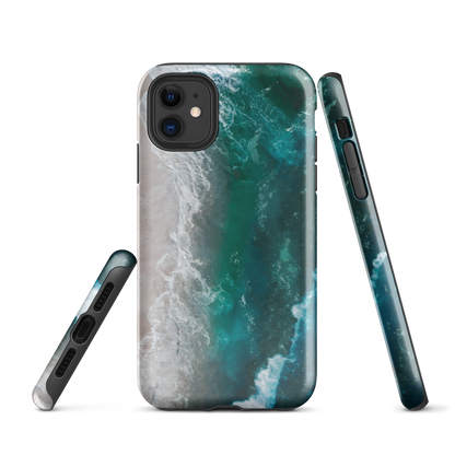 Ocean wave phone case with abstract beach design in teal and white, by NZ artist Ben Hart.