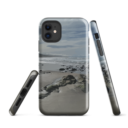 Phone case with artwork of Riversdale Beach, Masterton – rocks, waves and sky by NZ artist Ben Hart.