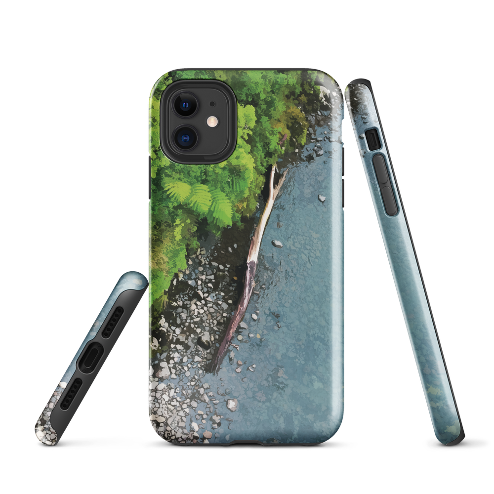 Resting Place phone case with aerial artwork of river rocks, green bush, and driftwood in a New Zealand stream.