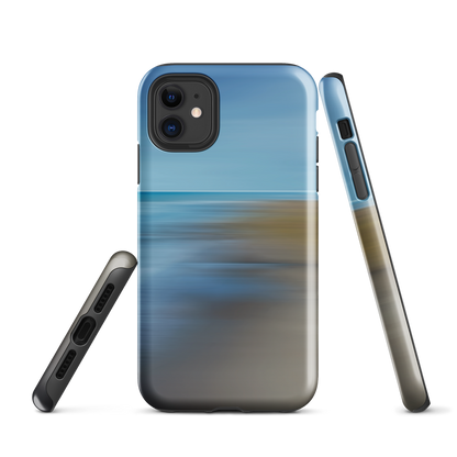 Ocean Breeze phone case with abstract blue and sandy tones inspired by sea and sky.