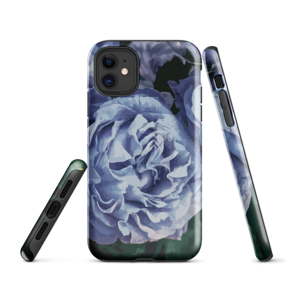 Designer phone case with a bold blue rose artwork and glossy finish.