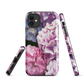 Designer phone case with pink and purple hydrangea floral artwork.