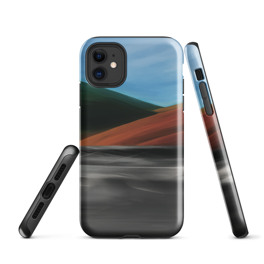 Phone case with abstract red, green, and blue heat wave landscape design.