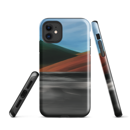 Phone case with abstract red, green, and blue heat wave landscape design.