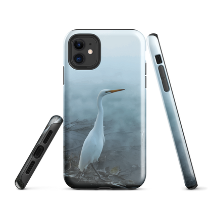 Phone case with a white heron standing in a misty wetland scene.