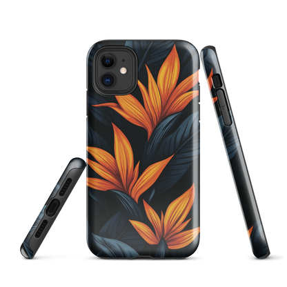 Phone case with bold orange bird of paradise flowers on dark background.