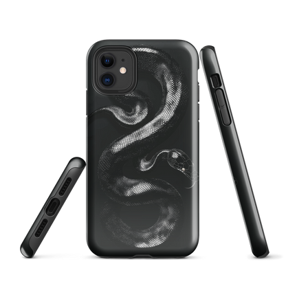 Phone case with detailed black python design on dark background.