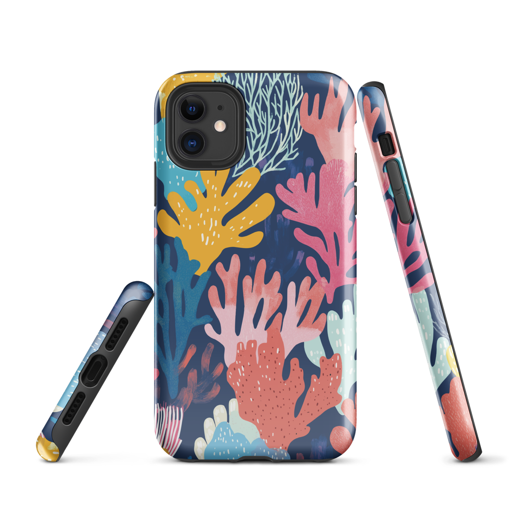 Colourful coral reef phone case design in pink, blue and yellow by NZ artist Ben Hart