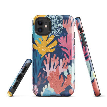 Colourful coral reef phone case design in pink, blue and yellow by NZ artist Ben Hart
