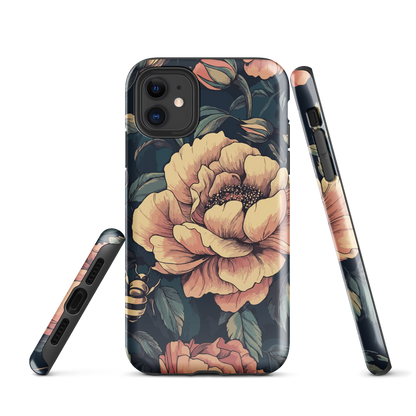Phone case with vintage-style pink roses and bees on dark background, floral New Zealand artwork.