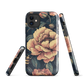 Phone case with vintage-style pink roses and bees on dark background, floral New Zealand artwork.