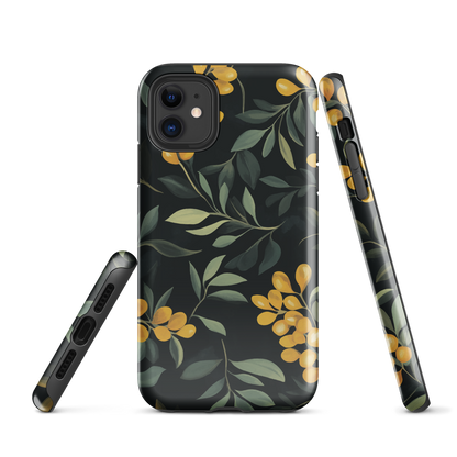 NZ Kowhai phone case with native yellow floral and green leaves on black background by designer Ben Hart.