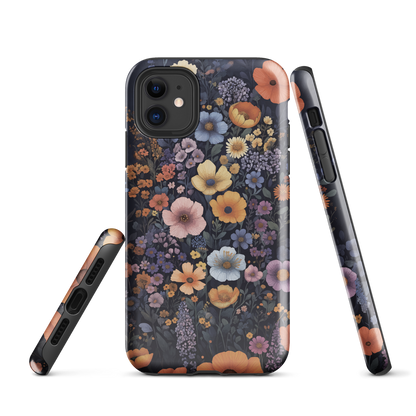 Phone case with colourful wildflowers on dark background, floral art design