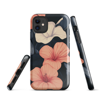 Phone case with coral hibiscus flowers and ivory blooms on dark background